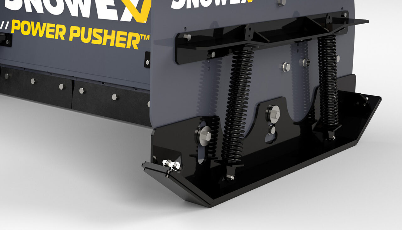 self leveling side plate and reversible shoe on power pusher plow