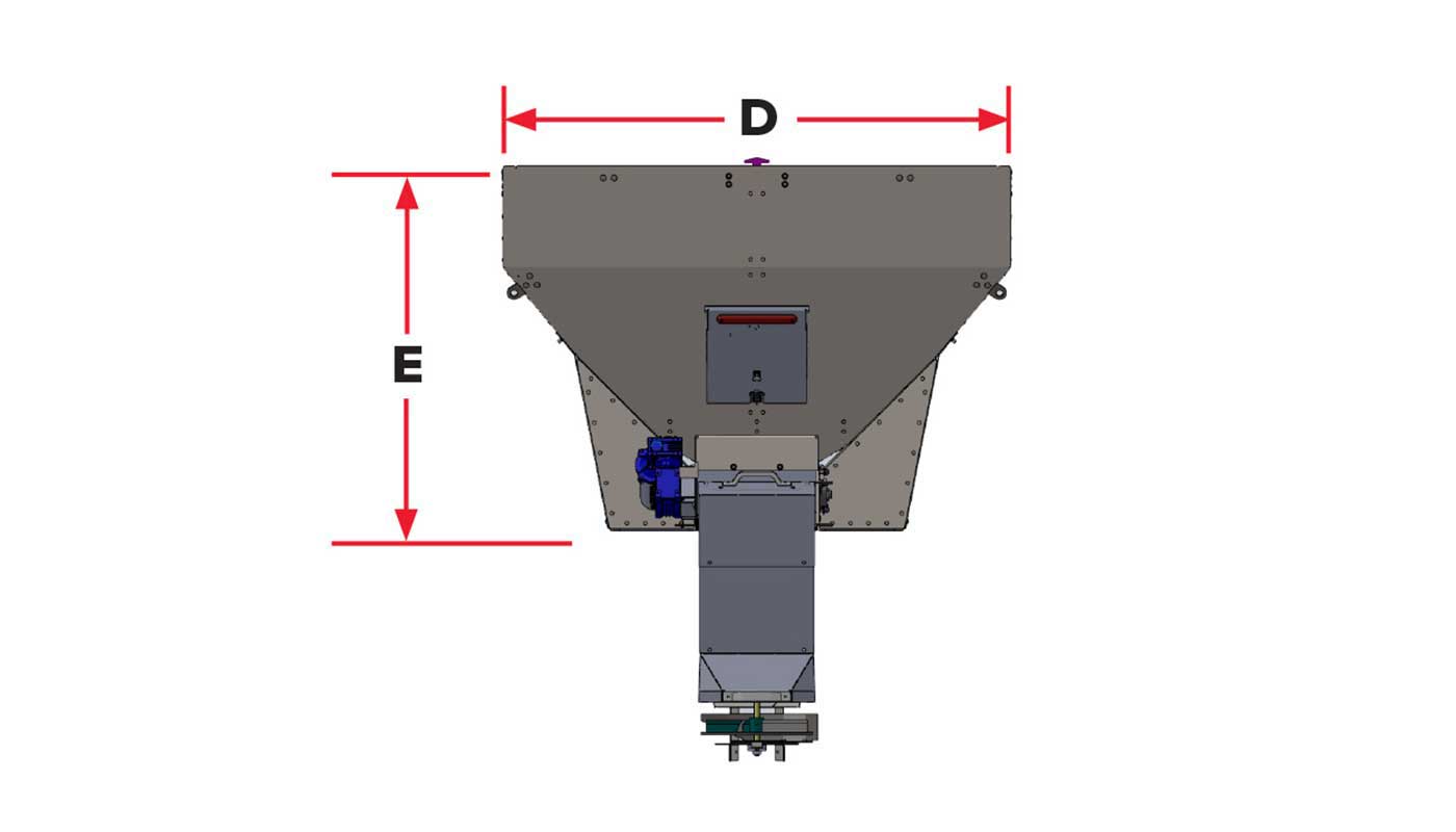Front view of a gray industrial machine with two red arrows labeled D (width) and E (height), highlighting the equipment's compact dimensions.