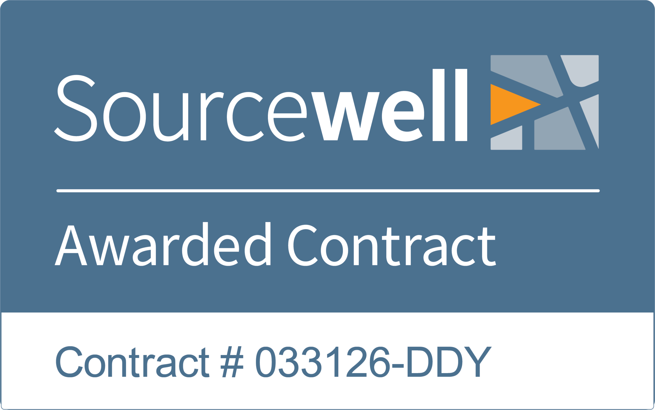 Sourcewell Awarded Contract badge with contract number 033126-DDY, featuring the Sourcewell logo and blue background with white and orange accents.